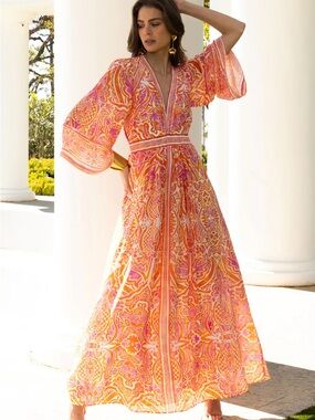 Hale Bob Bohemian V-Neck Orange and Pink Abby Maxi Dress